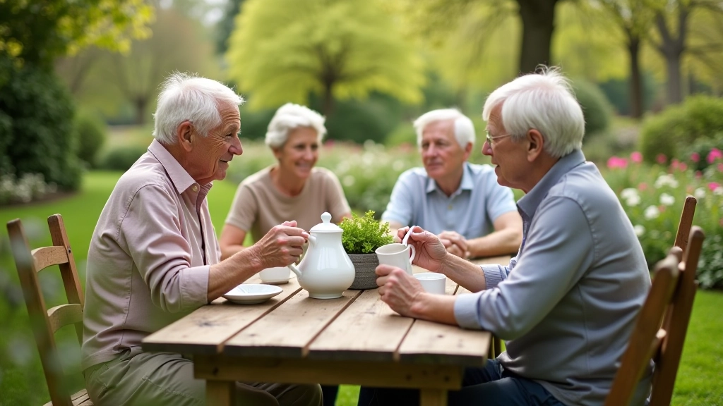 Senioru grupa dārzu stūrī pie galda ar tējnīcu, sarunas, dzelteni krēsli, pavasara saules gaisma